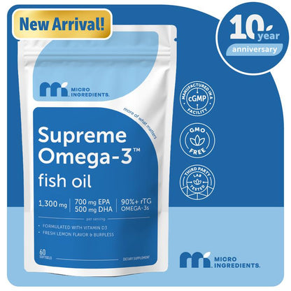 Micro Ingredients Supreme Omega-3 Fish Oil W/Ultra High EPA & DHA, Burpless Softgels | Rtg Omega-3 with Vitamin D3 | Wild-Caught Cold Deep-Sea Water | Lemon Flavor, Easy to Swallow